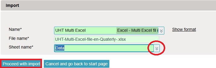 Screenshot of options for choosing spread sheet within the uploaded file in IDEP.